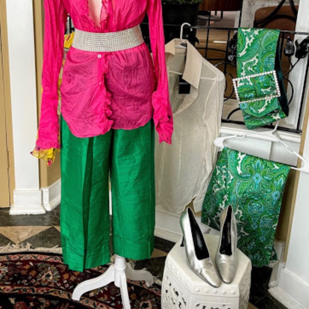 Vintage Emerald Silk Shantung cropped Trousers